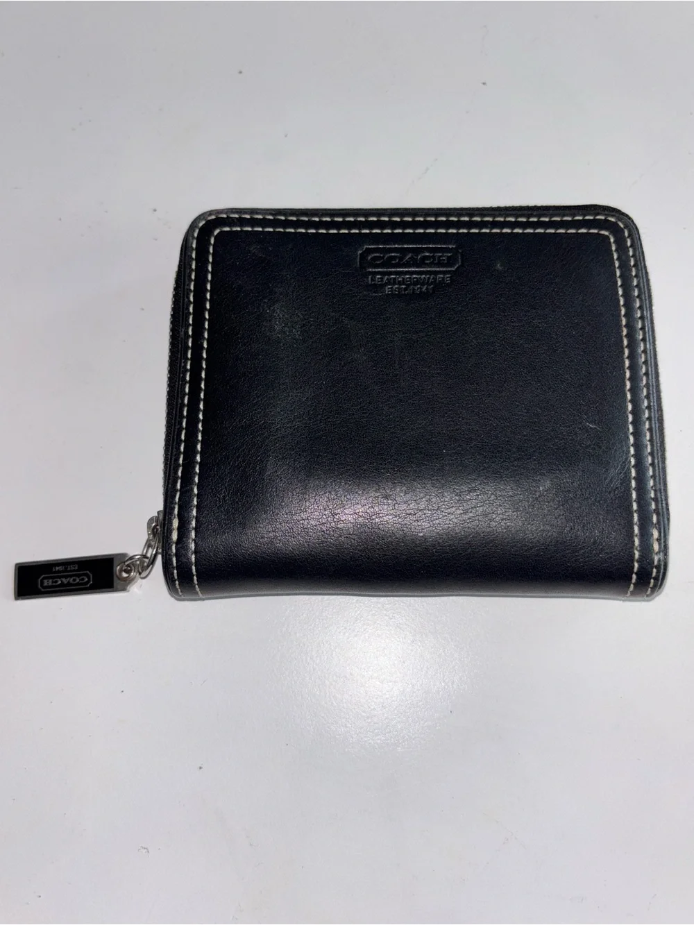 Coach Black Leather Zip-Around Wallet with Contrast Stitching